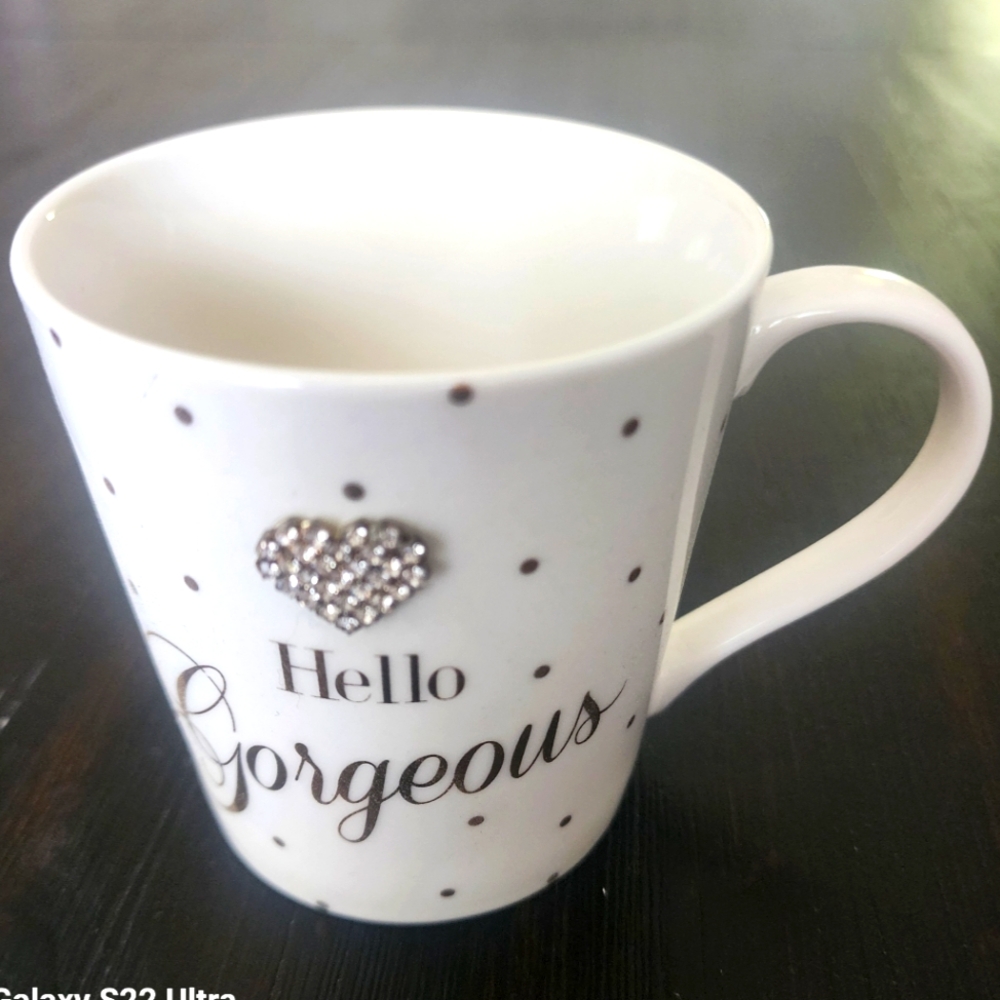 Hello gorgeous mug With Rinestone Heart And Poka Dots